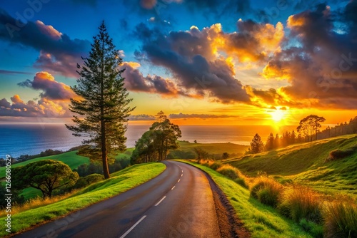 Silhouette of Empty Rural Road Beside Pacific Ocean, Green Landscape Sunset