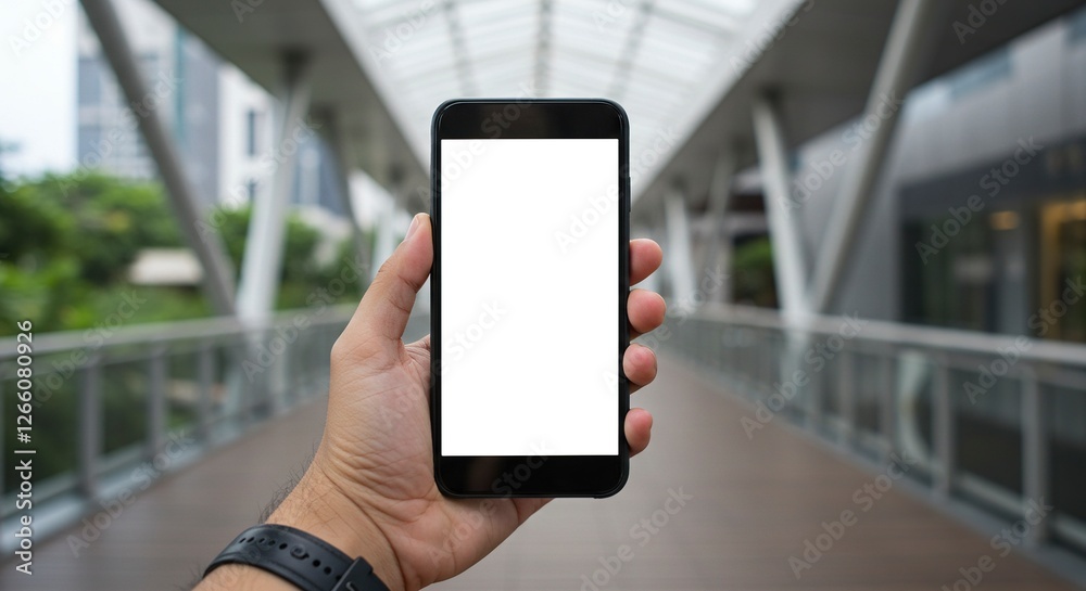 Holding Smartphone with Blank White Screen on Modern City Walkway Holding Smartphone with Blank White Screen on Modern City Walkway