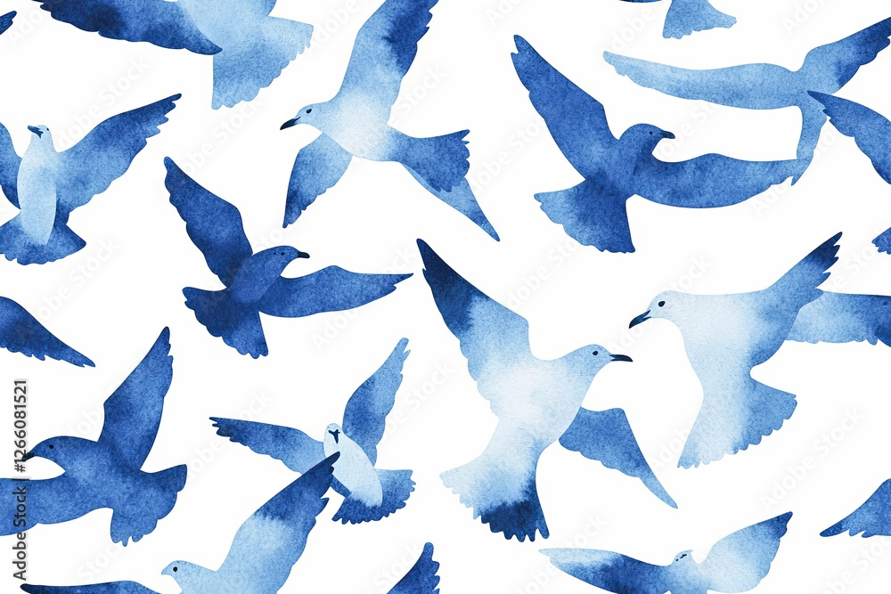 Obraz premium Watercolor navy blue abstract Seagull seamless pattern. Sea life. Flying Gull Birds silhouettes in the sky.