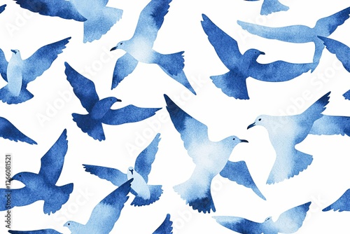 Watercolor navy blue abstract Seagull seamless pattern. Sea life. Flying Gull Birds silhouettes in the sky.
