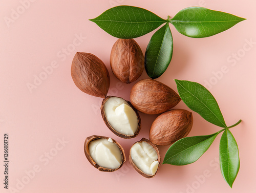 Simple, spacious flat lay featuring a balanced arrangement of a few whole shea nuts and one or two split shea nuts, revealing their creamy, textured interiors
