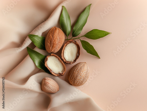 Simple, spacious flat lay featuring a balanced arrangement of a few whole shea nuts and one or two split shea nuts, revealing their creamy, textured interiors photo