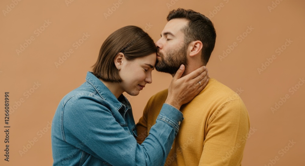 Caucasian young couple embracing with affectionate gesture against earthy background Caucasian young couple embracing with affectionate gesture against earthy background