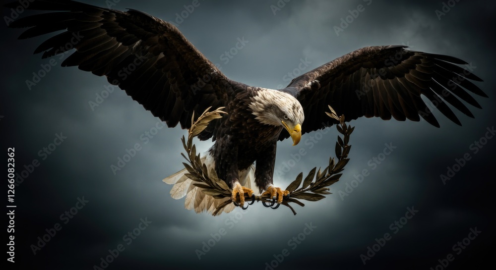 Majestic bald eagle in flight holding olive branch against stormy sky Majestic bald eagle in flight holding olive branch against stormy sky