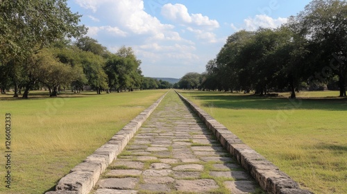 Ancient stone pathway through lush parkland