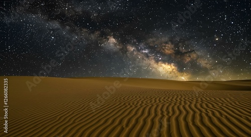 Golden sand dunes stretching endlessly under a dark night sky filled with thousands of twinkling stars