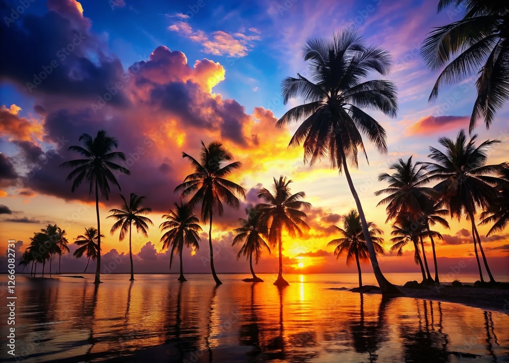 Silhouette of Palm Trees at Sunset on Tropical Island Beach Silhouette of Palm Trees at Sunset on Tropical Island Beach