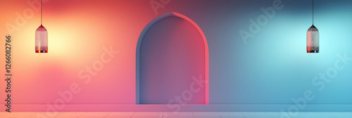 Minimalist Islamic arch with soft gradient lighting and modern hanging lanterns, blending traditional and contemporary aesthetics, symbolizing peace, tranquility, and spiritual reflection for Ramadan  photo