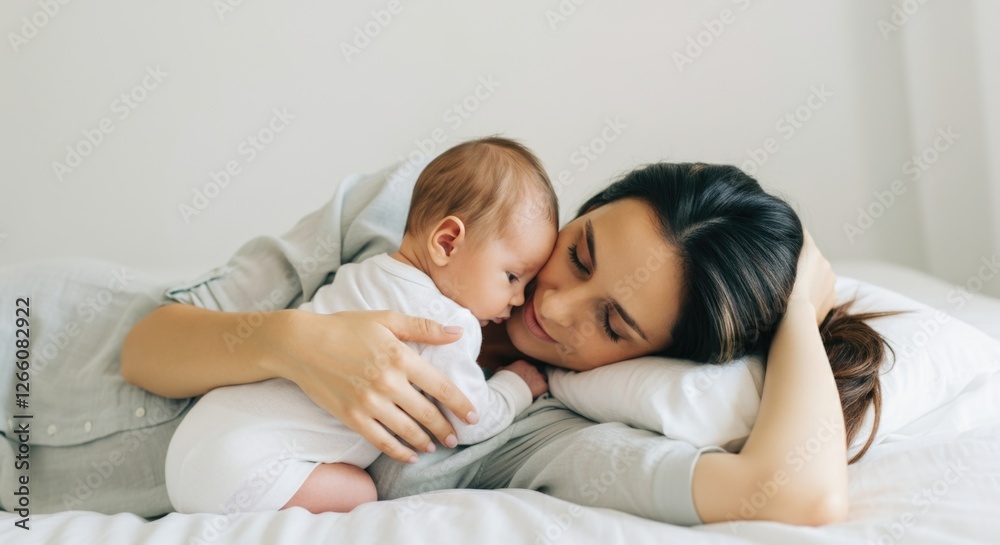 Asian female adult with baby relaxing on bed in gentle embrace Asian female adult with baby relaxing on bed in gentle embrace