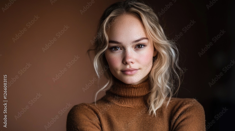Young caucasian female with blonde hair in brown turtleneck against brown background Young caucasian female with blonde hair in brown turtleneck against brown background