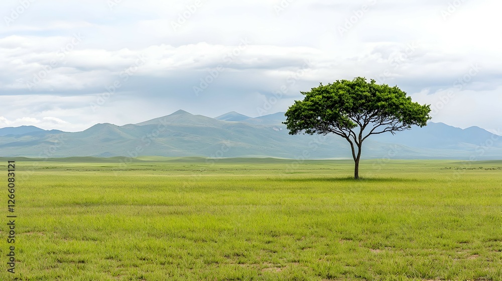 Single Tree in a Vast Grassland with Mountain Background Single Tree in a Vast Grassland with Mountain Background