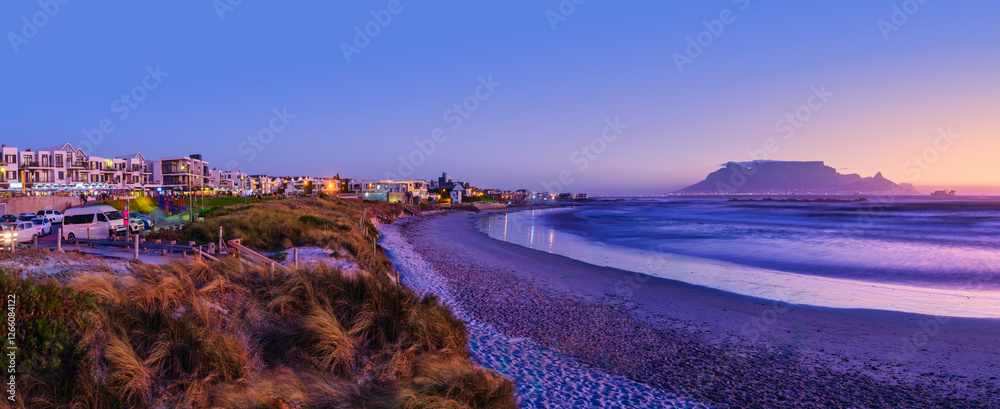 Panorama of Big Bay and Table Mountain During Twilight with Colorful Sky and Reflection, Bloubergstrand, South Africa