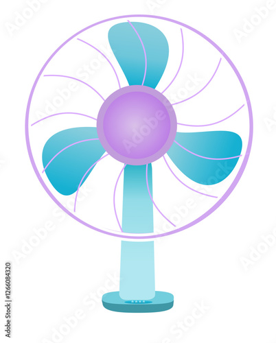 Colorful illustration of a tabletop fan featuring vibrant purple and blue blades surrounded by a circular grille. Perfect for cooling or summer-related themes and representing concepts of airflow