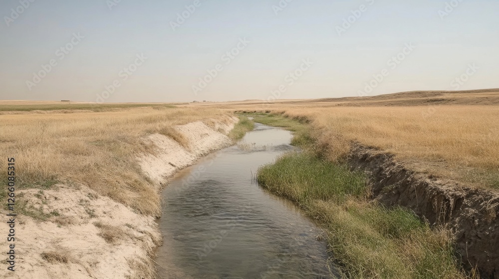Dry riverbed in a golden wheat field. Possible use Stock photo Dry riverbed in a golden wheat field. Possible use Stock photo