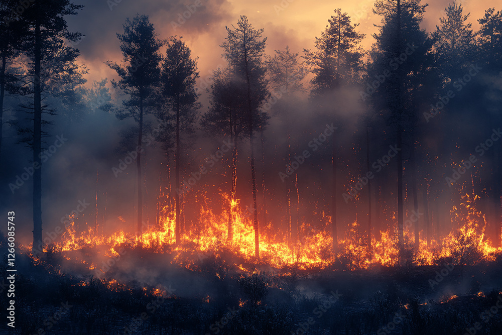 Intense Wildfire Ravages Forest Landscape with Flames and Smoke Engulfing Trees at Dusk Intense Wildfire Ravages Forest Landscape with Flames and Smoke Engulfing Trees at Dusk
