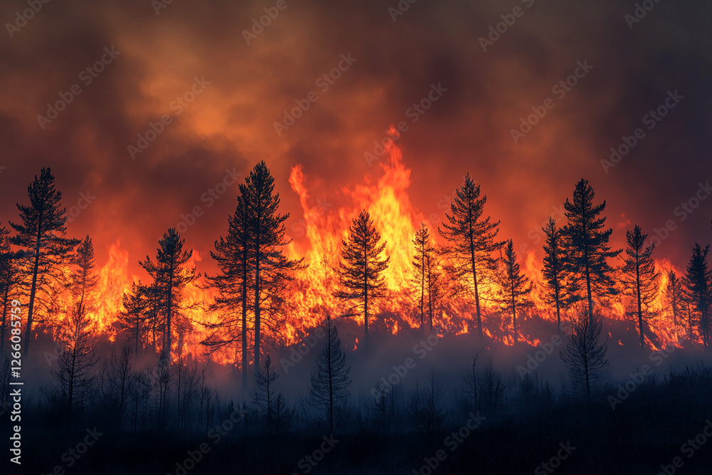 Intense Wildfire Ravages Forest Landscape with Flames and Smoke Engulfing Trees at Dusk Intense Wildfire Ravages Forest Landscape with Flames and Smoke Engulfing Trees at Dusk