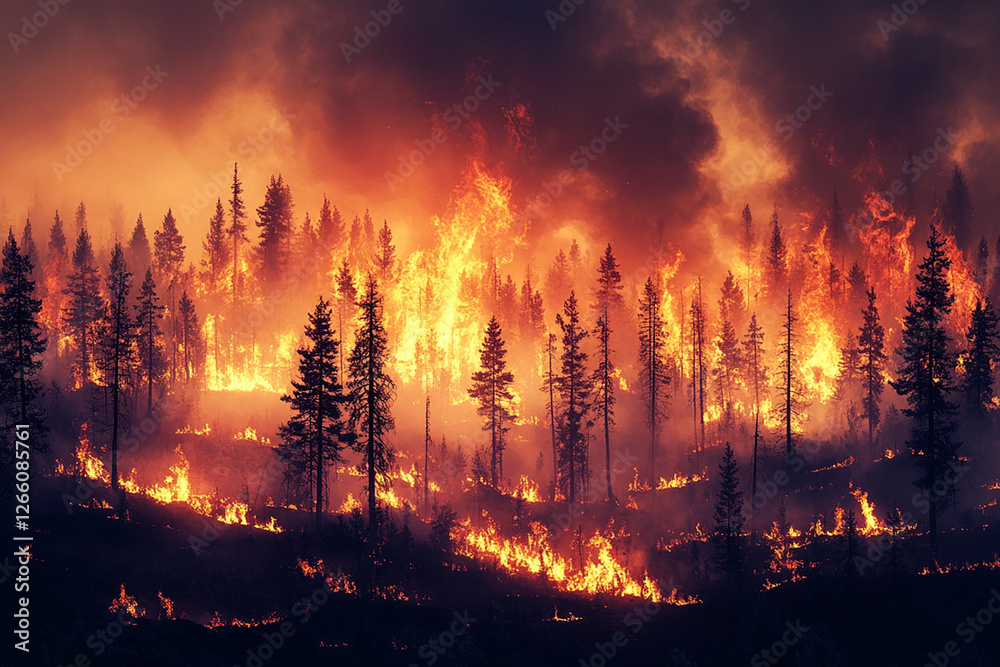 Intense Wildfire Ravages Forest Landscape with Flames and Smoke Engulfing Trees at Dusk Intense Wildfire Ravages Forest Landscape with Flames and Smoke Engulfing Trees at Dusk