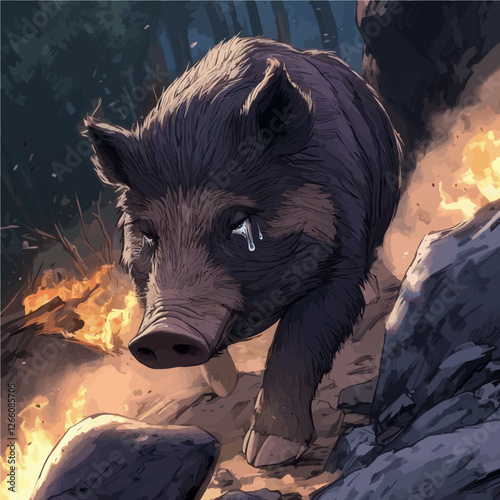 Wild boar in forest fire
