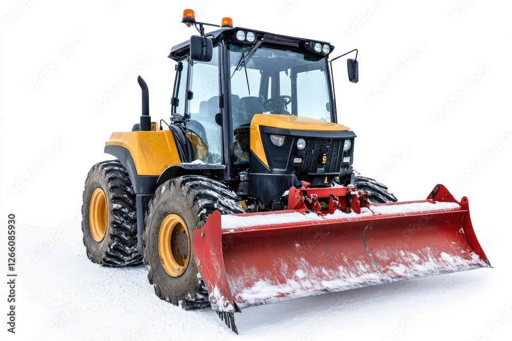 Fototapeta premium A skid steer loader with a snowplow attachment isolated on a white background