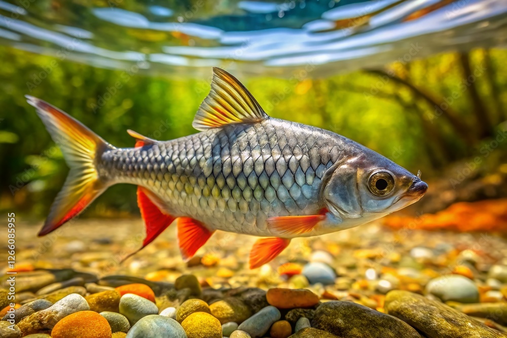 Naklejka premium Silver Barb Fish Swimming Underwater, Tilt-Shift Miniature Effect