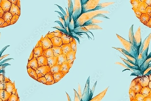 A seamless pattern of watercolor pineapples on a light blue background, ideal for summery designs and projects.