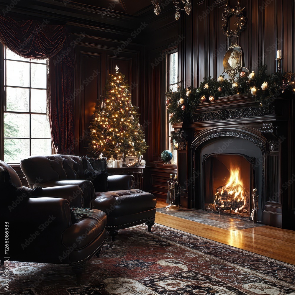 Beautifully decorated christmas room with christmas tree and lit fireplace Beautifully decorated christmas room with christmas tree and lit fireplace