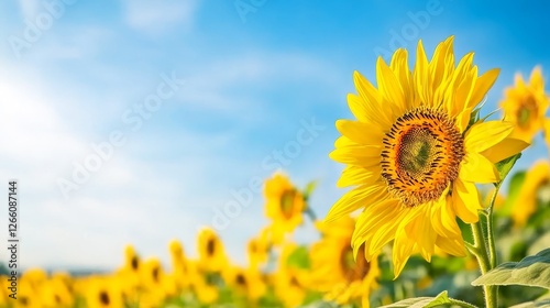 Vibrant sunflower in a lush field under a clear blue sky, showcasing nature's beauty