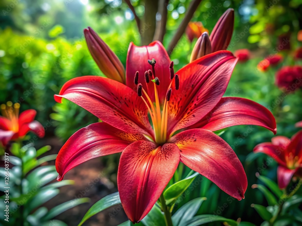 Sizzling Red Asiatic Lily: Botanical Beauty in Shady Garden - High-Resolution Stock Photo Sizzling Red Asiatic Lily: Botanical Beauty in Shady Garden - High-Resolution Stock Photo