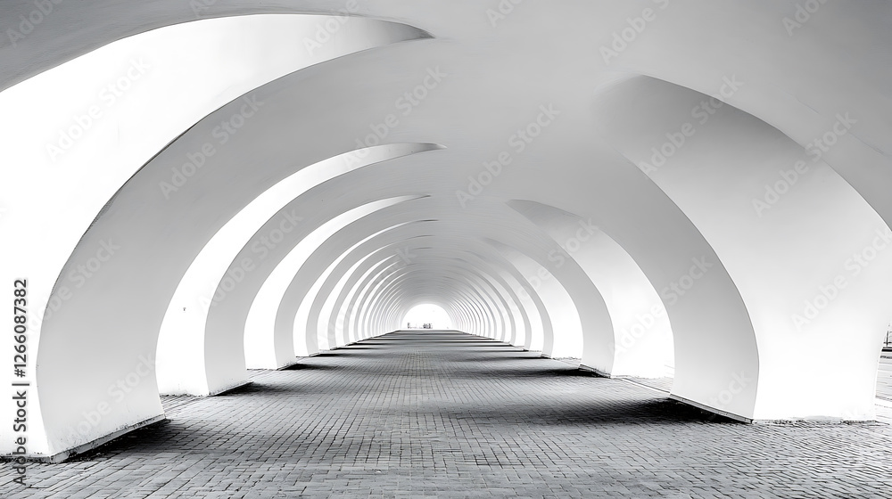Fototapeta premium Monochrome view of a long, covered walkway defined by repetitive white arches, leading to a distant light source.
