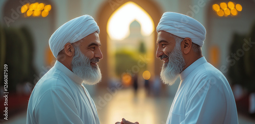 Muslim, men, greeting, smiles, traditional, white, thobe, kufi, caps, celebration, Ramadan, Eid, Islamic, culture, joy, brotherhood, togetherness, happiness, peace, devotion, faith, sacred, respect, g