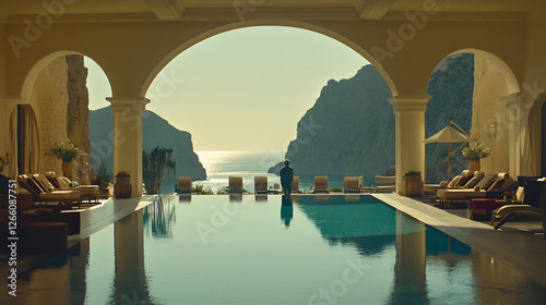 Coastal view from an arched terrace, featuring a serene infinity pool and distant cliffs.