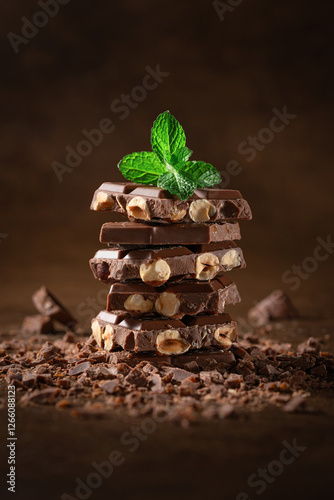 Dark and milk chocolate with nuts on a dark background sprinkled with cocoa powder. Chocolate pieces with almonds and hazelnuts close-up.
