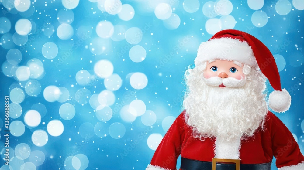 Santa Claus Figurine On Sparkling Blue Holiday Background Santa Claus Figurine On Sparkling Blue Holiday Background