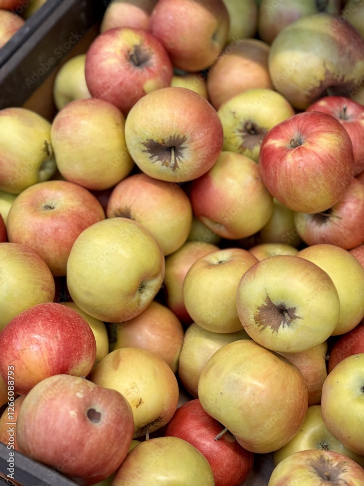 Box filled with fresh natural bio organic red yellow green apples placed on counter in local food market. Close-up Box filled with fresh natural bio organic red yellow green apples placed on counter in local food market. Close-up