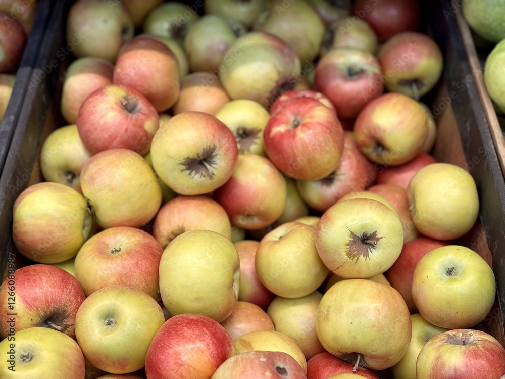 Box filled with fresh natural bio organic red yellow green apples placed on counter in local food market. Close-up Box filled with fresh natural bio organic red yellow green apples placed on counter in local food market. Close-up