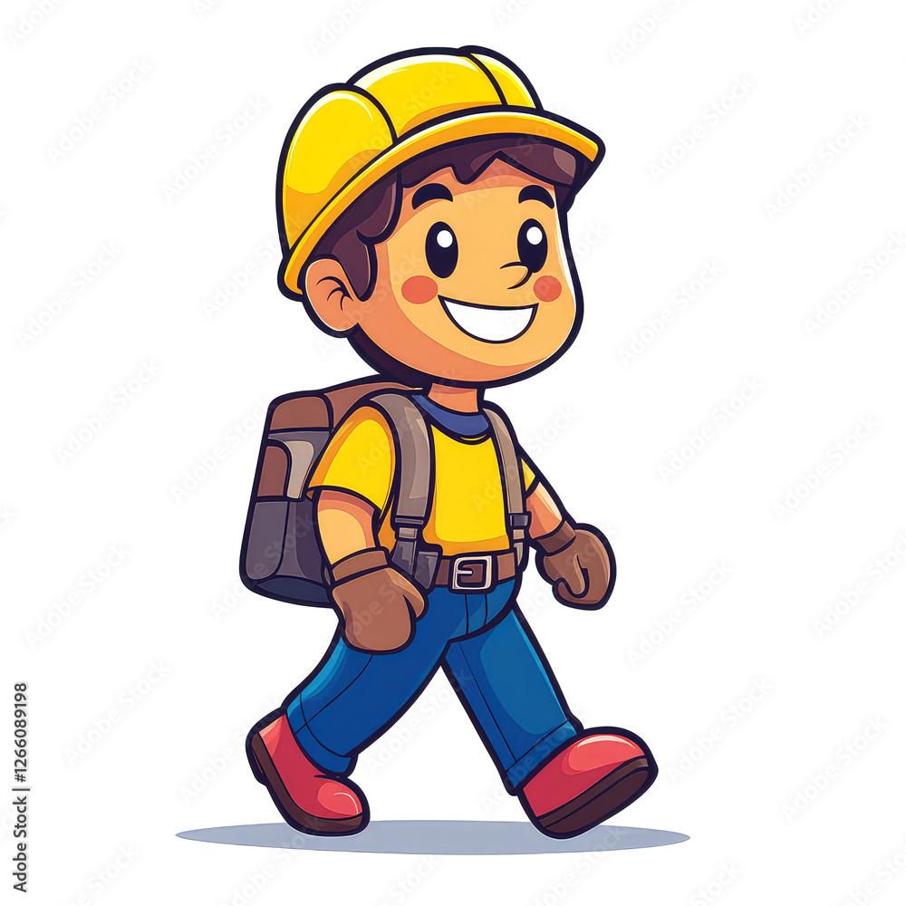Cute Cartoon Boy Construction Worker Walking with Backpack Cute Cartoon Boy Construction Worker Walking with Backpack