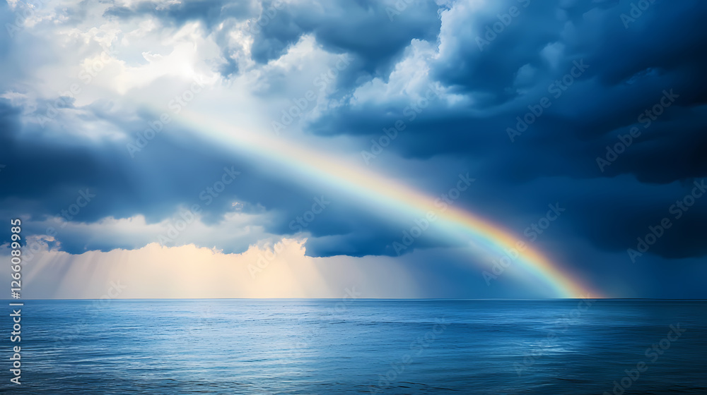 Sun rays breaking through dark storm clouds over the ocean, dramatic weather, hope after the storm. Rainbow Storms. Illustration Sun rays breaking through dark storm clouds over the ocean, dramatic weather, hope after the storm. Rainbow Storms. Illustration