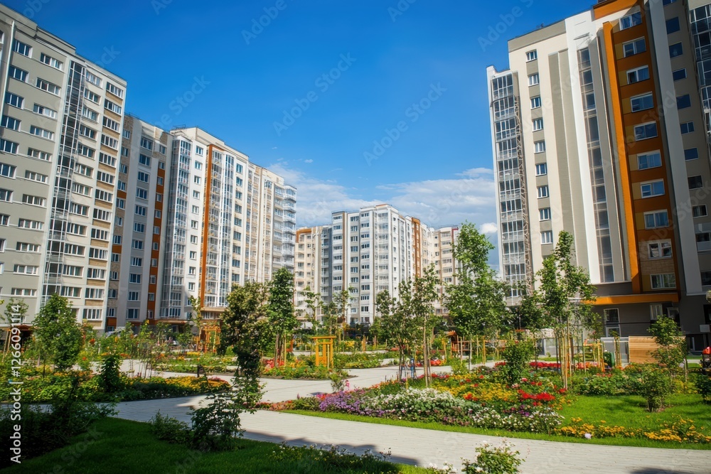 Modern apartment complex with vibrant landscaping Modern apartment complex with vibrant landscaping
