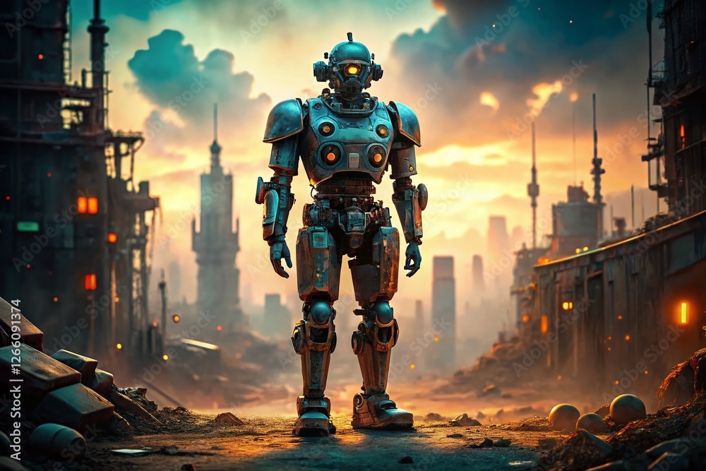 Solitary Robot Guardian in Desolate Futuristic Landscape - Bokeh Effect Stock Photo Solitary Robot Guardian in Desolate Futuristic Landscape - Bokeh Effect Stock Photo