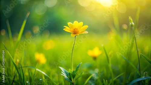 Solitary Yellow Wildflower in Lush Green Meadow - Minimalist Nature Photography