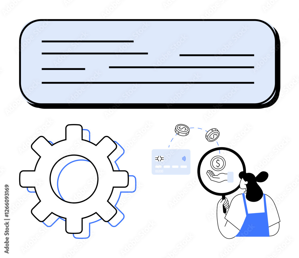 Person examining financial icons with magnifying glass, dollar coins, credit card, and large gear. Ideal for finance, efficiency, technology, analysis management workflow automation. Abstract line Person examining financial icons with magnifying glass, dollar coins, credit card, and large gear. Ideal for finance, efficiency, technology, analysis management workflow automation. Abstract line