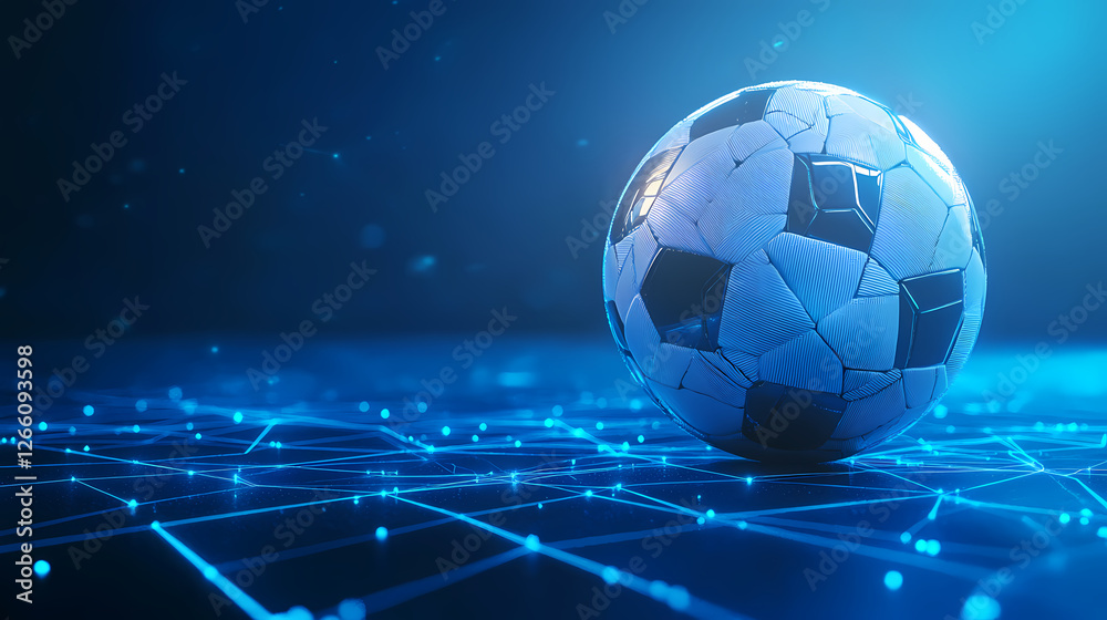 Naklejka premium Futuristic Soccer Ball Close-Up with Blue Lighting Effects