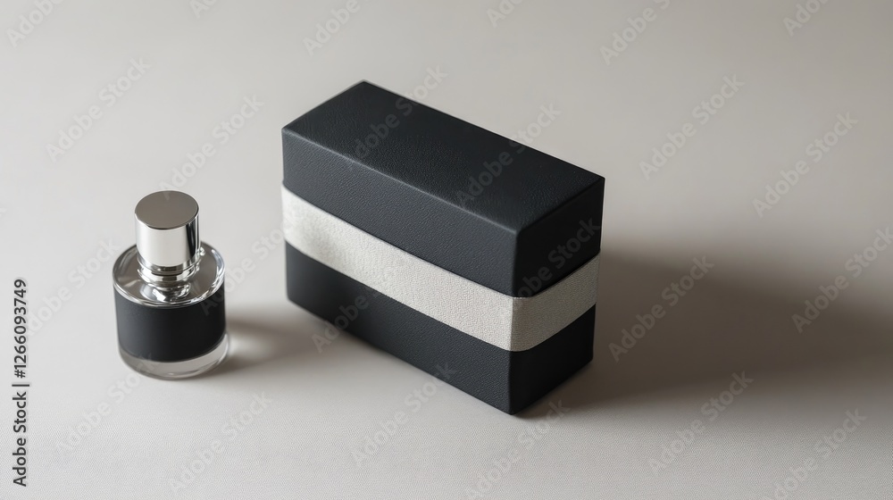 Cylindrical matte black beauty box with a silver accent, positioned beside a sleek perfume bottle Cylindrical matte black beauty box with a silver accent, positioned beside a sleek perfume bottle
