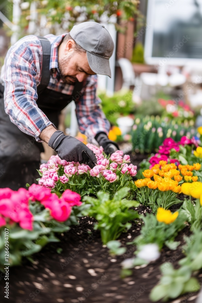 Gardener working in garden in Spring. Gardener working in garden in Spring.