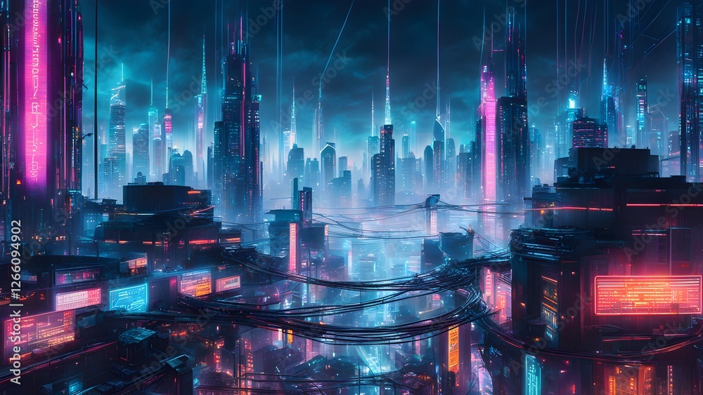 Obraz premium Cyberpunk cityscape at night, illuminated with vibrant neon lights and intricate futuristic architecture, showcasing a dense network of elevated roadways and cables.