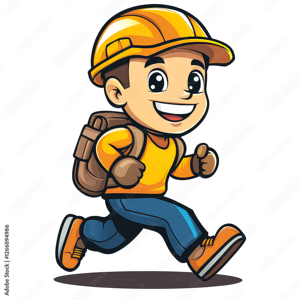 Running Child Construction Worker Cartoon Illustration