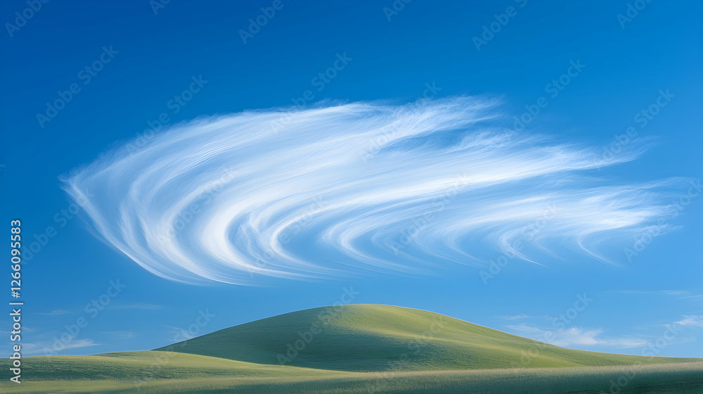 Serene landscape swirling clouds over a green hill under a clear blue sky; perfect for travel brochures Serene landscape swirling clouds over a green hill under a clear blue sky; perfect for travel brochures