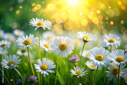Spring Meadow: White & Yellow Daisies Bokeh Effect Stock Photo