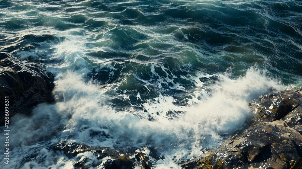 Aerial view of a rocky shoreline with waves creating intricate foam patterns Aerial view of a rocky shoreline with waves creating intricate foam patterns