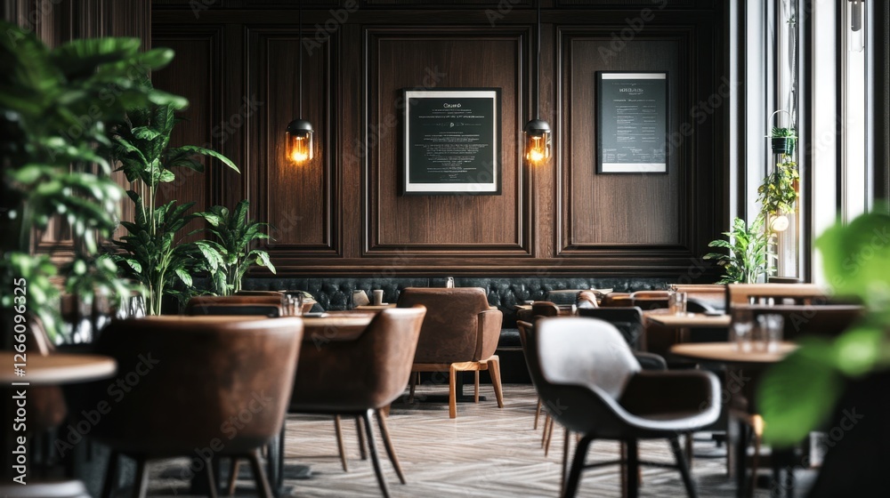 Fototapeta premium A beautifully arranged cafe space featuring dark wood tones, soft lighting, and greenery.